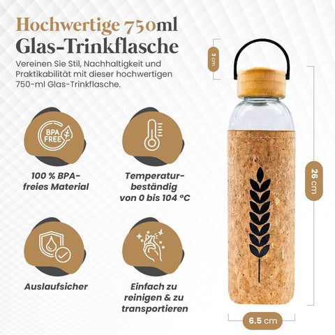 Glas-Trinkflasche mit Korkhülle & Bambusdeckel, 750 ml