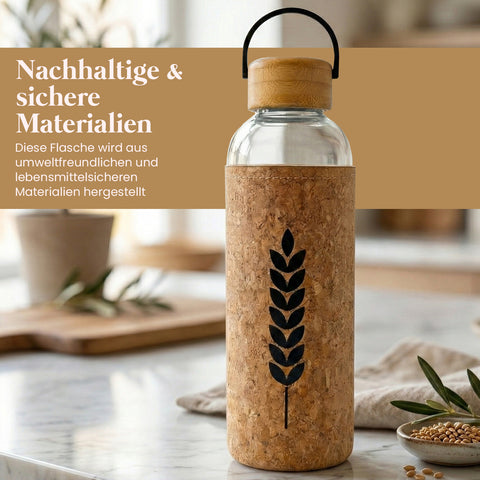 Glas-Trinkflasche mit Korkhülle & Bambusdeckel, 1000 ml