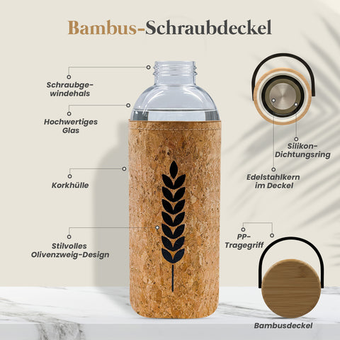 Glas-Trinkflasche mit Korkhülle & Bambusdeckel, 1000 ml