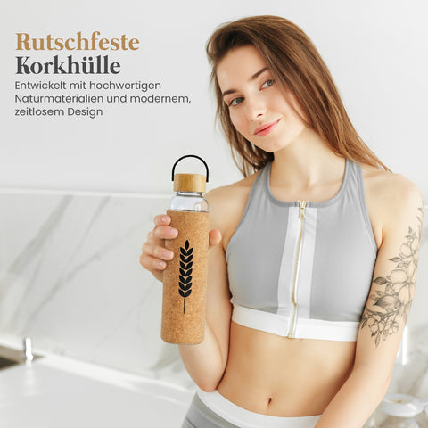 Glas-Trinkflasche mit Korkhülle & Bambusdeckel, 750 ml