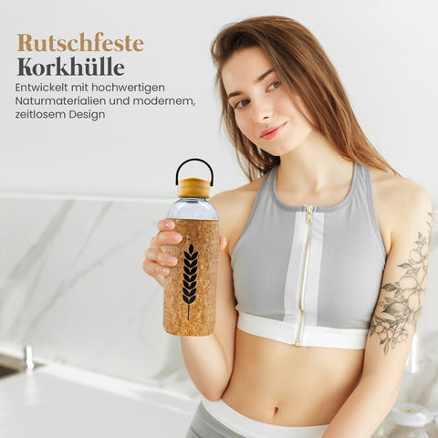 Glas-Trinkflasche mit Korkhülle & Bambusdeckel, 1000 ml
