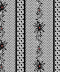 Eine Detailaufnahme eines dekorativen Musters mit stilisierten schwarzen Blumen mit roten Mitten und vertikalen Bordüren mit Rautenmuster.