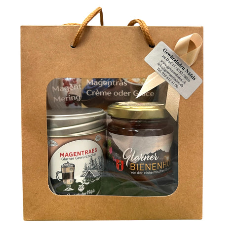Geschenk Gewürzsäckli mit Magenträs und Glarner Bienenhonig
