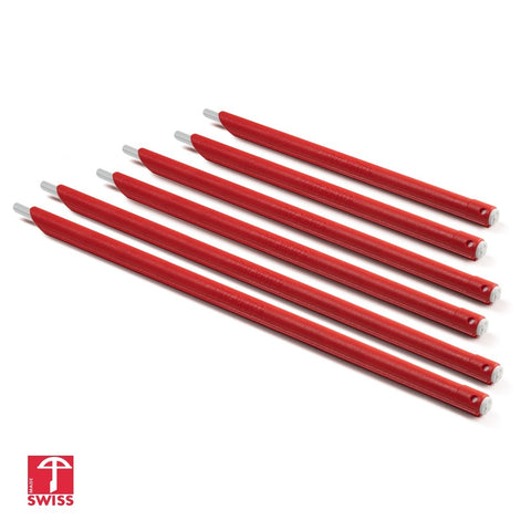Sechs leuchtend rote „Tütenhüter“-Beutelverschlüsse der Swiss Edition, angeordnet in Paaren von drei verschiedenen Längen auf weißem Hintergrund mit einem „Swiss Made“-Logo.