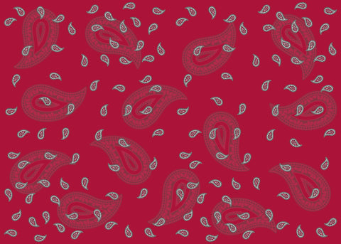 Textilmuster aus verstreuten Paisley-Motiven in Dunkelrot/Kastanienrot mit hellgrauen Umrissen auf einem leuchtend roten Hintergrund.