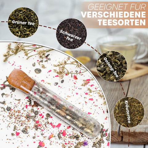 Ein Glas-Teesieb in Reagenzglasform liegt auf einem Teller mit verschütteten Teeresten. Es werden Kreise mit losem Grünem Tee, Schwarztee, Oolong-Tee und Kräutertee als Beispiele für verschiedene Teesorten gezeigt.