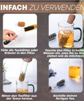 Anleitung in vier Bildern für die Verwendung eines Reagenzglas-Teesiebs aus Glas und Korken: 1. Füllen, 2. Aufbrühen in heißem Wasser, 3. Entfernen aus der Tasse und 4. Genießen des Tees.