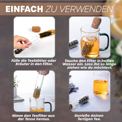Anleitung in vier Bildern für die Verwendung eines Reagenzglas-Teesiebs aus Glas und Korken: 1. Füllen, 2. Aufbrühen in heißem Wasser, 3. Entfernen aus der Tasse und 4. Genießen des Tees.