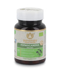 Eine Dose Maharishi Ayurveda Ashwagandha Bio-Nahrungsergänzungsmittel mit 60 Tabletten. Die dunkle Glasflasche hat ein grün-weißes Etikett mit dem Bio-Siegel.