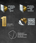 Eine Grafik mit fünf Award-Logos aus dem Jahr 2020 auf einem dunklen Tafel-Hintergrund, darunter der German Brand Award, der German Innovation Award und ein „Testsieger“-Siegel für Ingwer-Shots.