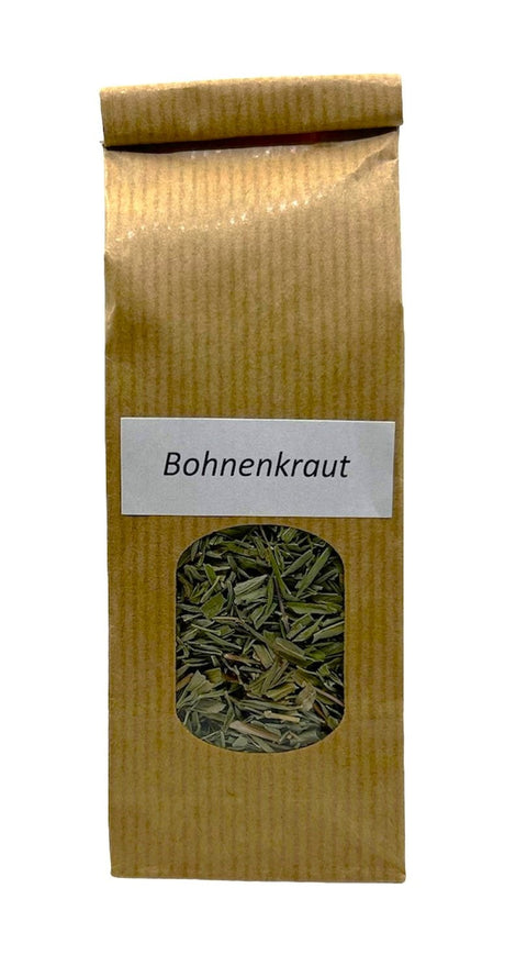 Ein brauner Papierbeutel mit einem kleinen Sichtfenster, das getrocknetes grünes Bohnenkraut zeigt, versehen mit einem weißen rechteckigen Etikett mit der Aufschrift „Bohnenkraut“.