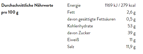 Eine Nährwerttabelle für „Bolognese“-Gewürz pro 100g, mit Angaben zu 279 kcal, 2,6g Fett, 53g Kohlenhydraten (davon 39g Zucker), 11g Eiweiß und 11,9g Salz.