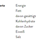ine Nährwerttabelle für „Bourbon Vanillezucker“ pro 100g, mit Angaben zu 399 kcal, 95g Kohlenhydraten (davon 94g Zucker), 0,7g Fett und 0,4g Eiweiß.