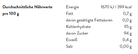 ine Nährwerttabelle für „Bourbon Vanillezucker“ pro 100g, mit Angaben zu 399 kcal, 95g Kohlenhydraten (davon 94g Zucker), 0,7g Fett und 0,4g Eiweiß.
