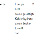 Tabelle der durchschnittlichen Nährwerte pro 100 g, darunter Energie (1539,91 kJ / 368,05 kcal), Fett (15,8 g), Kohlenhydrate (42,22 g), Eiweiß (16,01 g) und Salz (0,11 g).