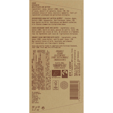 Schokoladenverpackung mit Zutaten- und Nährwertangaben.