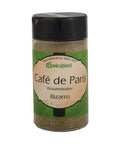 Ein transparentes Gewürzglas mit schwarzem Deckel, gefüllt mit „Café de Paris Bizarro“ Kräuterbutter-Gewürzmischung von Gwürzhüsli, mit einem grün-cremefarbenen Etikett.