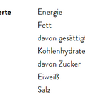 Tabelle der durchschnittlichen Nährwerte pro 100g mit Energie, Fett, Kohlenhydraten, Eiweiß und Salz.