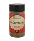 Ein durchsichtiger Gewürzstreuer mit schwarzem Deckel und einer grünen Kräutermischung, beschriftet mit „Chrüterbutter Bizarro“ und einem kleinen Schweizer Kreuz unten auf dem roten Etikett.