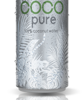 Eine hohe, silberne Dose COCO pure Kokoswasser mit Dschungel-Grafik.