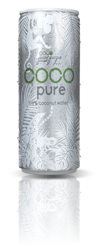 Eine hohe, silberne Dose COCO pure Kokoswasser mit Dschungel-Grafik.