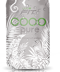 Glasflasche Fit Coco Pure 100% Kokoswasser mit einem grauen Etikett, das ein Palmenblatt- und Affenmuster zeigt.