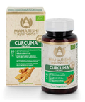Maharishi Ayurveda Bio-Curcuma-Nahrungsergänzungsmittel Schachtel und Flasche.