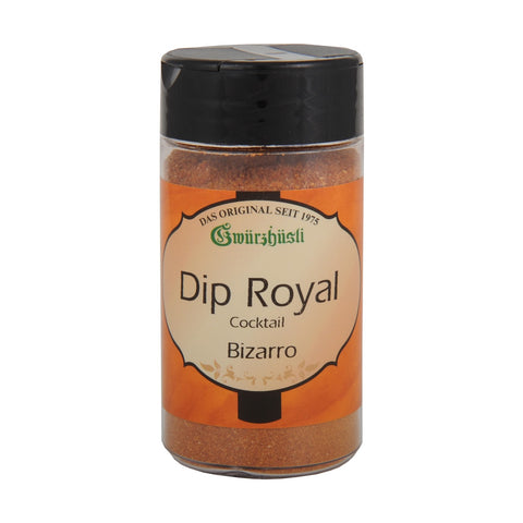 Ein durchsichtiger Gewürzstreuer mit schwarzem Deckel und einer rotbraunen Gewürzmischung, beschriftet mit „Dip Royal Cocktail Bizarro“ der Marke Gwürzhüsli.