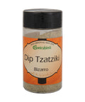 Ein durchsichtiger Gewürzstreuer mit schwarzem Deckel und einer hellen Kräutergewürzmischung, beschriftet mit „Dip Tzatziki Bizarro“ der Marke Gwürzhüsli.