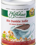 Pfiffikuss „Bio Dunkle Soße“ in einer Dose mit weißem Deckel. Das Etikett zeigt eine Sauciere, Pasta-Illustrationen sowie Bio- und Vegan-Logos.