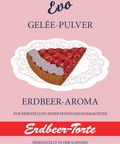 Ein rosa Produktetikett für „Evo Gelée-Pulver“ mit Erdbeer-Aroma, mit einer Illustration eines Erdbeertortenstücks und der Aufschrift „Hergestellt in der Schweiz“.