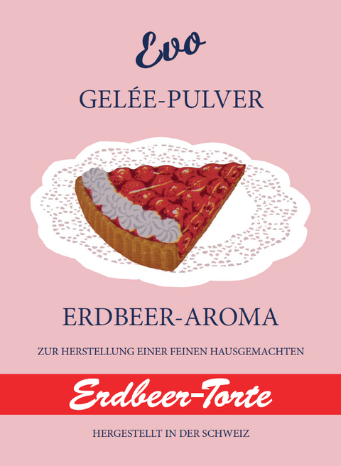 Ein rosa Produktetikett für „Evo Gelée-Pulver“ mit Erdbeer-Aroma, mit einer Illustration eines Erdbeertortenstücks und der Aufschrift „Hergestellt in der Schweiz“.