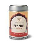 Eine silberne Metalldose „Fenchel gemahlen“ von Classic Ayurveda mit einem gelb-roten Etikett und einem Bio-Siegel.