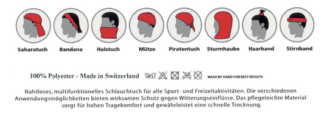 Eine Infografik mit acht verschiedenen Tragemöglichkeiten für ein multifunktionales Schlauchtuch, beschriftet mit Begriffen wie „Saharatuch“ und „Sturmhaube“, sowie Produktdetails zu 100 % Polyester und Herstellung in der Schweiz.