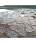 Nahaufnahme eines Salzgartens in Guérande, bei der sich feine, weiße Fleur de Sel-Kristalle in dünnen, kreisförmigen Krusten auf der Wasseroberfläche bilden.