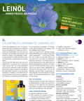 Informationsflyer für Natur Kraftwerke Demeter-Leinöl mit blauen Leinsamenblüten, detailliertem Fettsäureprofil mit hohem Omega-3-Anteil und Qualitätskriterien wie Kaltpressung und Violettglasschutz.