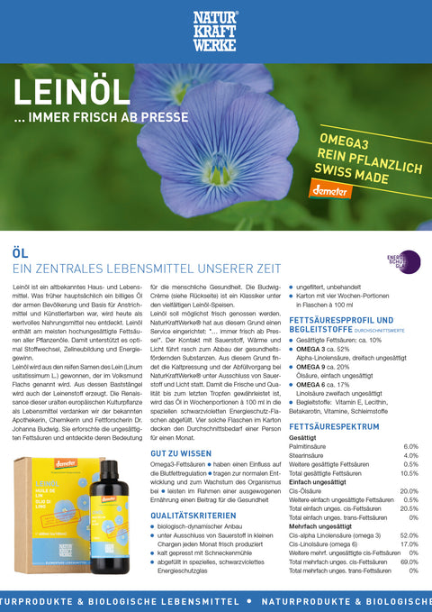 Informationsflyer für Natur Kraftwerke Demeter-Leinöl mit blauen Leinsamenblüten, detailliertem Fettsäureprofil mit hohem Omega-3-Anteil und Qualitätskriterien wie Kaltpressung und Violettglasschutz.
