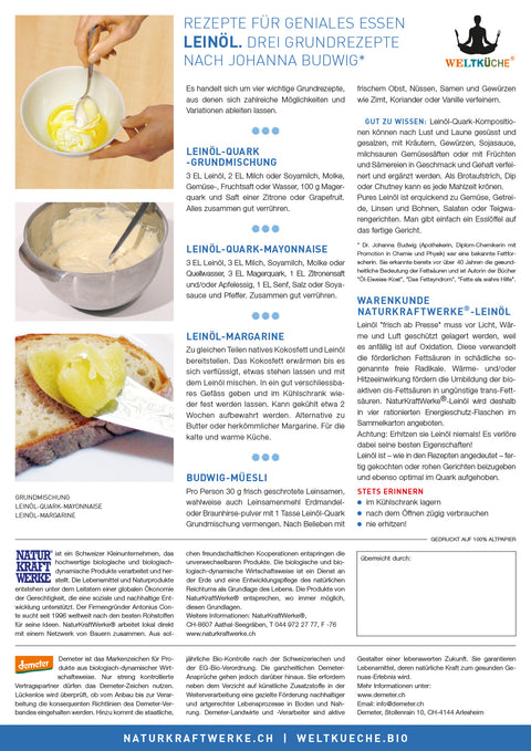 Infoblatt mit „Rezepten für geniales Essen“ mit Leinöl, einschließlich Anleitungen für eine Quark-Grundmischung, Mayonnaise und Leinöl-Margarine, ergänzt durch Bilder der zubereiteten Speisen.