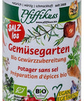 Eine hohe Gewürzdose von Pffikuss mit der Aufschrift „Gemüsegarten“ und Abbildungen von Gemüse und Kräutern.