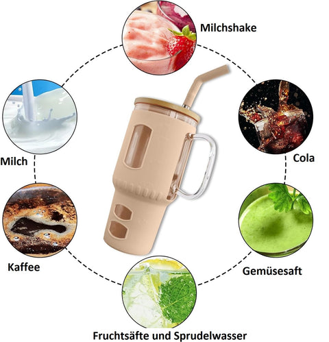 Ein zentraler beige-farbener Glasbecher, umgeben von Bildern von sechs verschiedenen Getränken :Milchshake, Cola, Gemüsesaft, Fruchtsäfte/Sprudelwasser, Kaffee und Milch :die die Vielseitigkeit des Bechers zeigen.