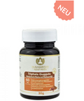 Flasche Maharishi Ayurveda Triphala Guggulu Nahrungsergänzungsmittel (60 Tabletten, 30g) mit rotem "NEU"-Aufkleber, isoliert auf weißem Hintergrund.