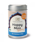 Eine kleine, silberne Dose mit CLASSIC AYURVEDA „Happy Man Gewürz“, beschriftet mit BIO und „Soulspice Mischung“, geeignet für Gemüse und Reis.