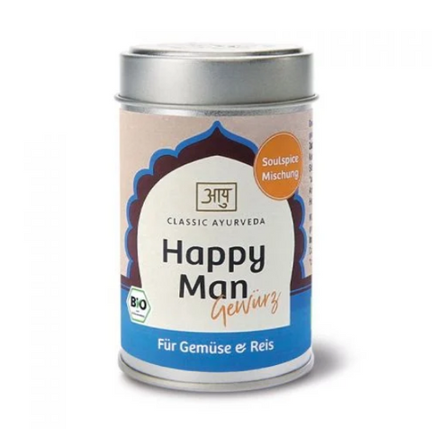 Eine kleine, silberne Dose mit CLASSIC AYURVEDA „Happy Man Gewürz“, beschriftet mit BIO und „Soulspice Mischung“, geeignet für Gemüse und Reis.