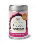 Eine kleine, silberne Dose mit CLASSIC AYURVEDA „Happy Woman Gewürz“, mit einem rosa Etikett, beschriftet mit BIO und „Soulspice Mischung“, geeignet für Gemüse und Reis.