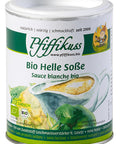 Dose mit dem Etikett "Pfiffikuss Bio Helle Soße" (Sauce blanche bio), gekennzeichnet als vegan, vegetarisch und Bio-zertifiziert.