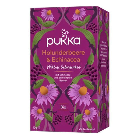Eine leuchtend lila Packung Pukka „Holunderbeere & Echinacea“ Bio-Früchtetee, verziert mit einem detailreichen Design aus rosa Echinacea-Blüten, dunklen Beeren und grünen Blättern