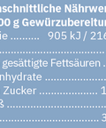 Durchschnittliche Nährwerttabelle pro 100 g Gewürzzubereitung mit Werten für Energie (905 kJ / 216 kcal), Fett (5,5 g), Kohlenhydrate (36 g), Eiweiß (9,4 g) und Salz (36,7 g).