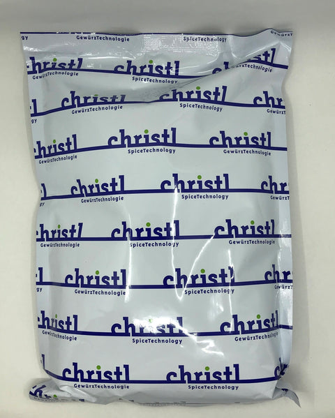 Ein weißer Kunststoff-Großbeutel mit einem wiederkehrenden blauen „christl SpiceTechnology / GewürzTechnologie“-Logo.