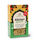 Eine Packung „Classic Ayurveda Kitchari Gemüse“ mit Reis und Mungbohnen, Sorte Paprika & Brokkoli, in einer grün-gelben Kartonverpackung mit Sichtfenster.