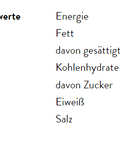 Tabelle mit den durchschnittlichen Nährwerten pro 100 g: Energie 1386 kJ / 331,26 kcal, Fett 0,73 g (davon gesättigte Fettsäuren 0,25 g), Kohlenhydrate 72,73 g (davon Zucker 21,3 g), Eiweiß 16,55 g, Salz 0,15 g.